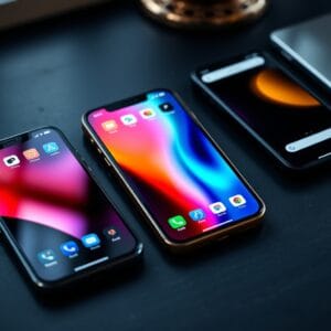 Trois smartphones côte à côte sur un bureau en ardoise, affichant des interfaces colorées.