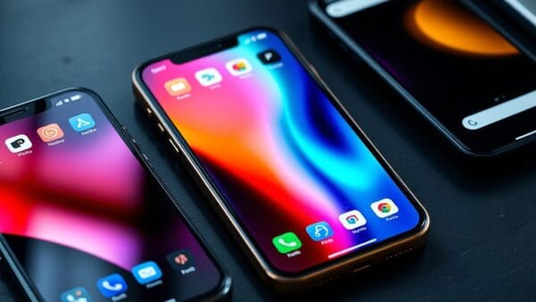 Trois smartphones côte à côte sur un bureau en ardoise, affichant des interfaces colorées.