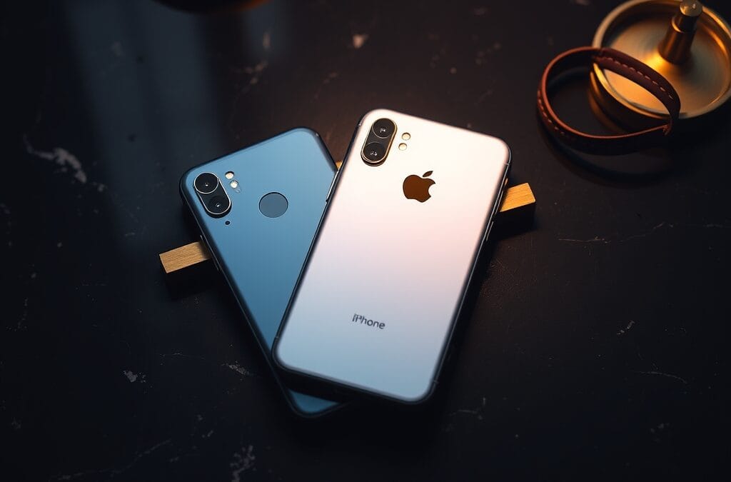 Deux smartphones face visible sur granite sombre separes par un diviseur en laiton