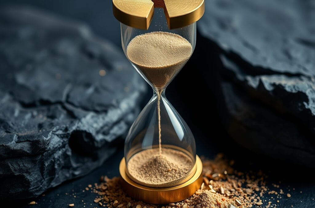 Sablier en laiton coupe en deux avec du sable s ecoulant sur une surface en pierre