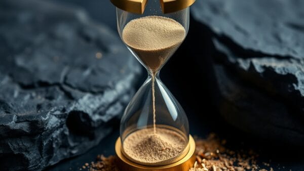 Sablier en laiton coupe en deux avec du sable s ecoulant sur une surface en pierre