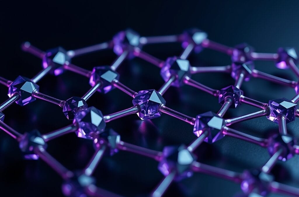 Réseau de nœuds cristallins violets interconnectés sur fond sombre