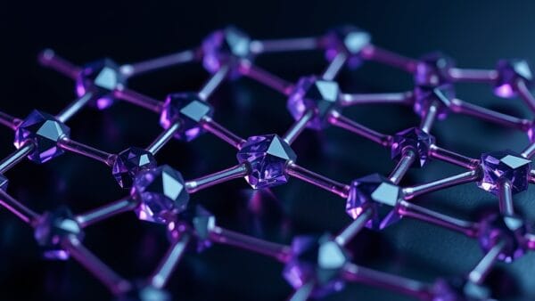 Réseau de nœuds cristallins violets interconnectés sur fond sombre