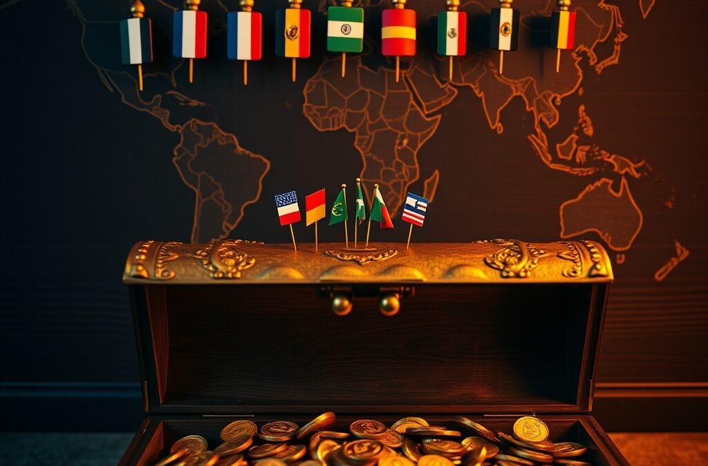 Épingles de drapeaux nationaux sur carte du monde avec coffre au trésor en laiton