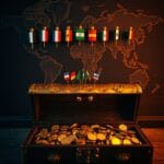 Épingles de drapeaux nationaux sur carte du monde avec coffre au trésor en laiton