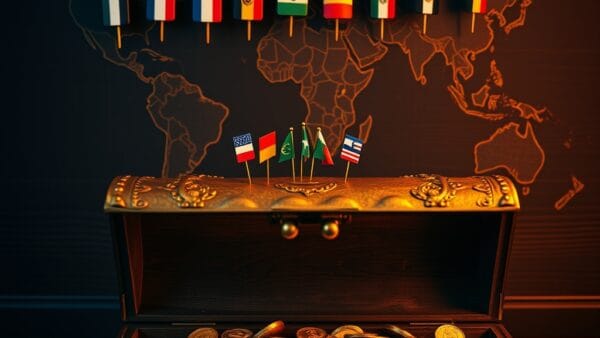 Épingles de drapeaux nationaux sur carte du monde avec coffre au trésor en laiton