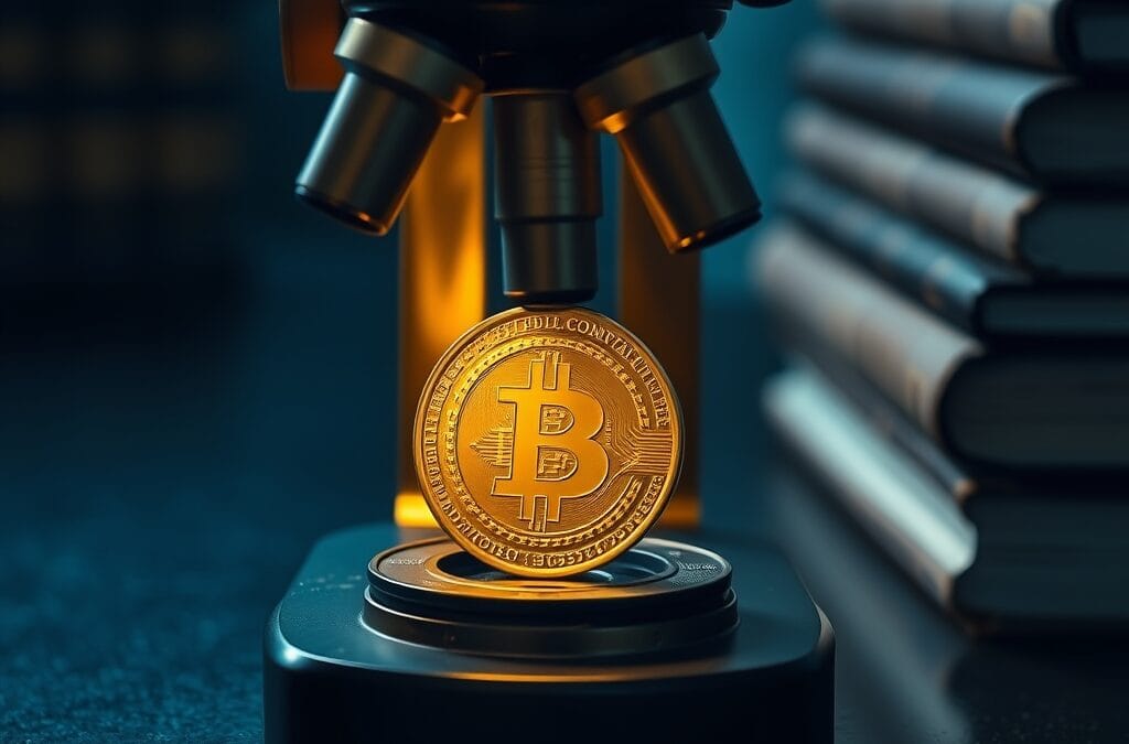 Microscope en laiton examinant une piece doree sur surface de laboratoire sombre