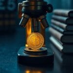 Microscope en laiton examinant une piece doree sur surface de laboratoire sombre