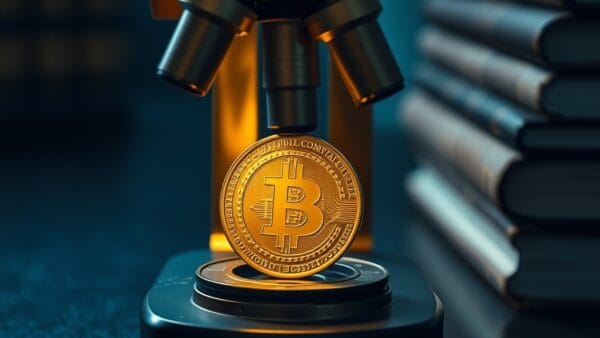 Microscope en laiton examinant une piece doree sur surface de laboratoire sombre