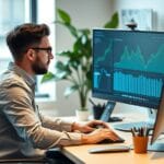 Développeur fintech à poste de travail moderne avec double écran