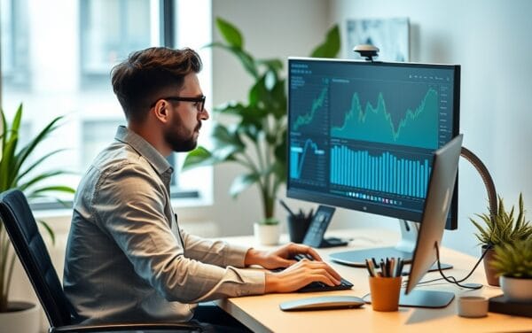 Développeur fintech à poste de travail moderne avec double écran