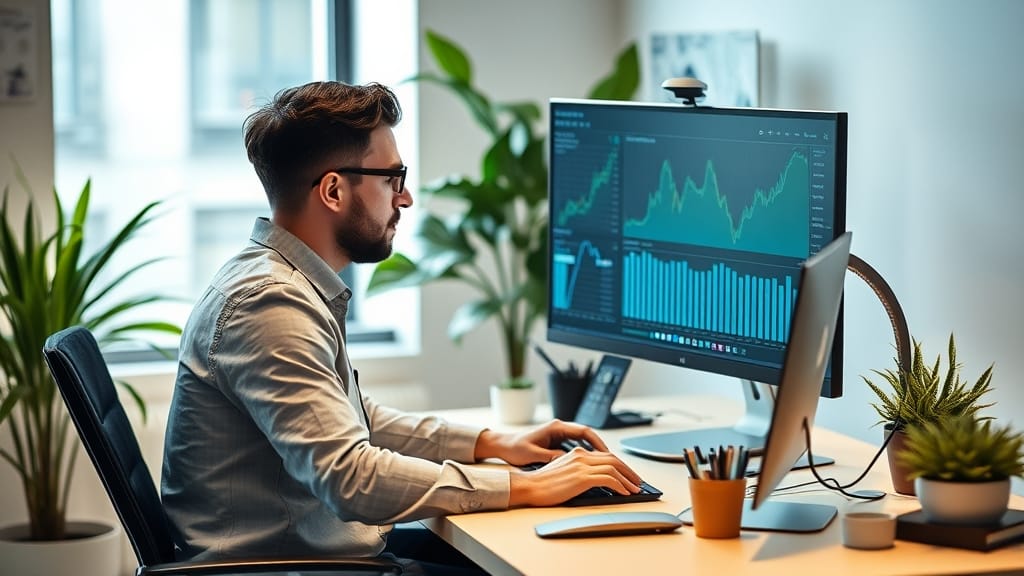 Développeur fintech à poste de travail moderne avec double écran