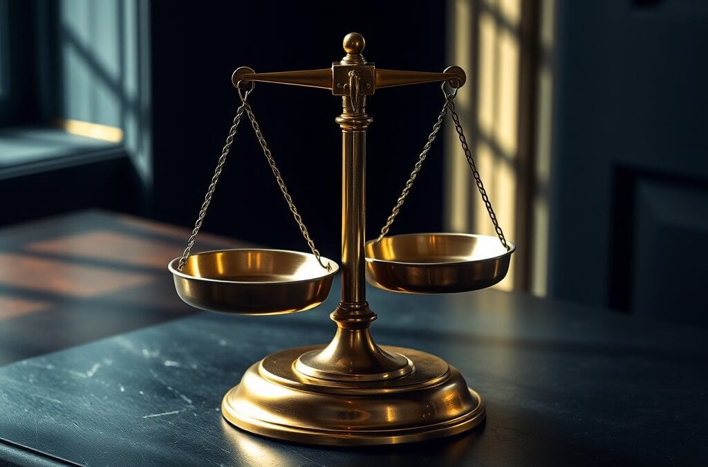 Balance en laiton sur bureau en ardoise, plateaux vides en équilibre, lumière naturelle