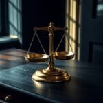 Balance en laiton sur bureau en ardoise, plateaux vides en équilibre, lumière naturelle