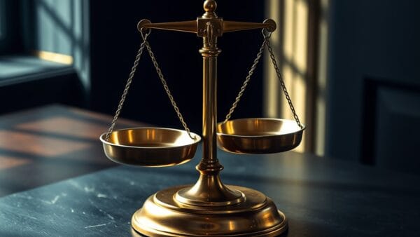 Balance en laiton sur bureau en ardoise, plateaux vides en équilibre, lumière naturelle