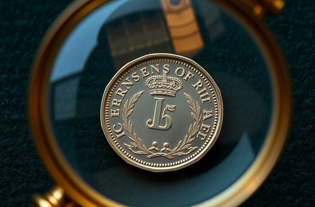 Piece de couronne britannique sous loupe en laiton sur tapis vert de bureau