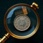 Piece de couronne britannique sous loupe en laiton sur tapis vert de bureau