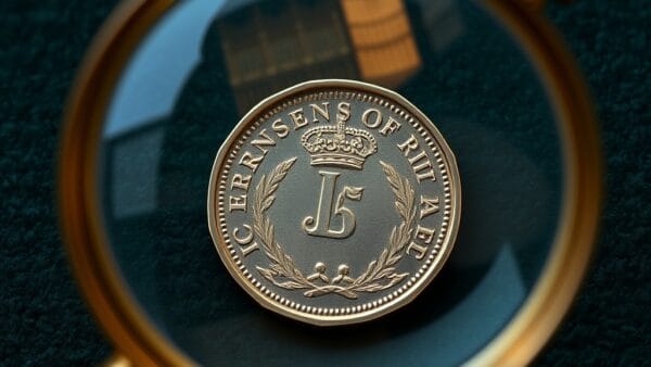 Piece de couronne britannique sous loupe en laiton sur tapis vert de bureau