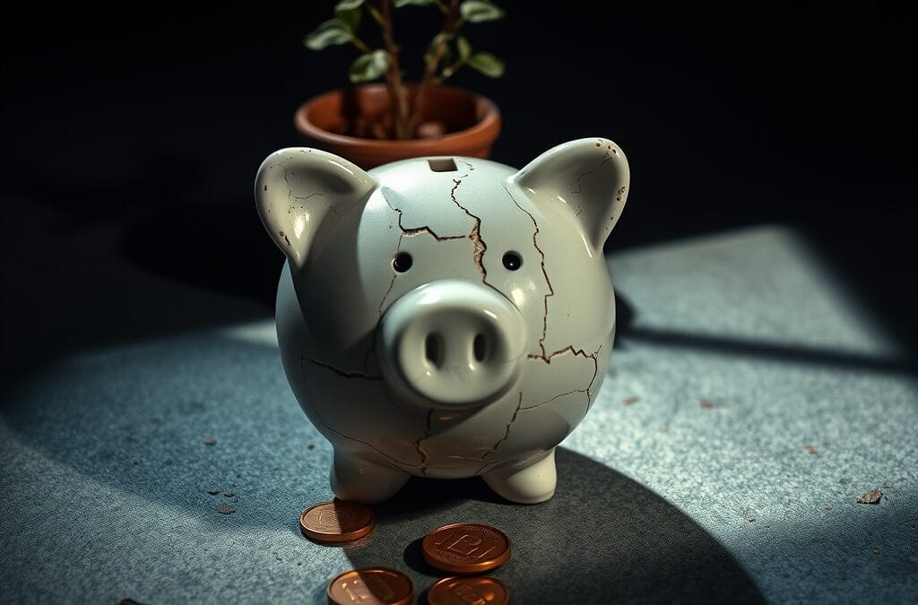 Tirelire en céramique fissurée avec pièces de cuivre éparpillées