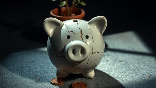 Tirelire en céramique fissurée avec pièces de cuivre éparpillées