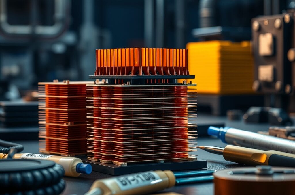 Dissipateurs en cuivre et puces en laiton empiles sur un etabli industriel sombre