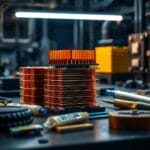 Dissipateurs en cuivre et puces en laiton empiles sur un etabli industriel sombre