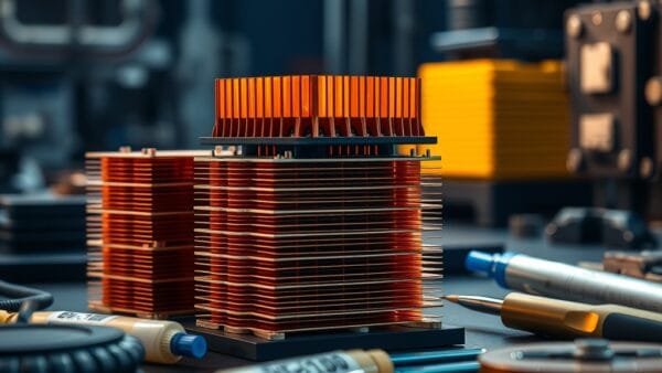 Dissipateurs en cuivre et puces en laiton empiles sur un etabli industriel sombre