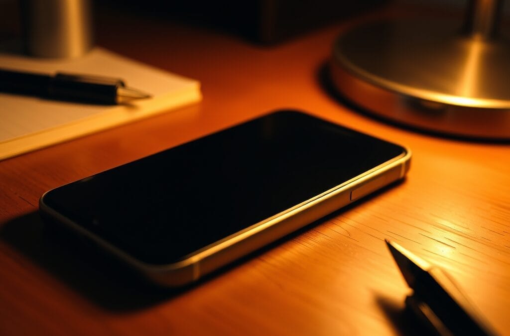 Smartphone posé face contre bureau en bois à côté d'un carnet