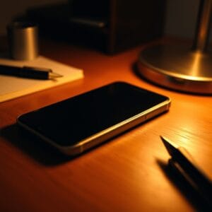 Smartphone posé face contre bureau en bois à côté d'un carnet