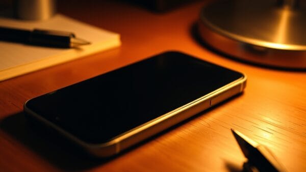 Smartphone posé face contre bureau en bois à côté d'un carnet