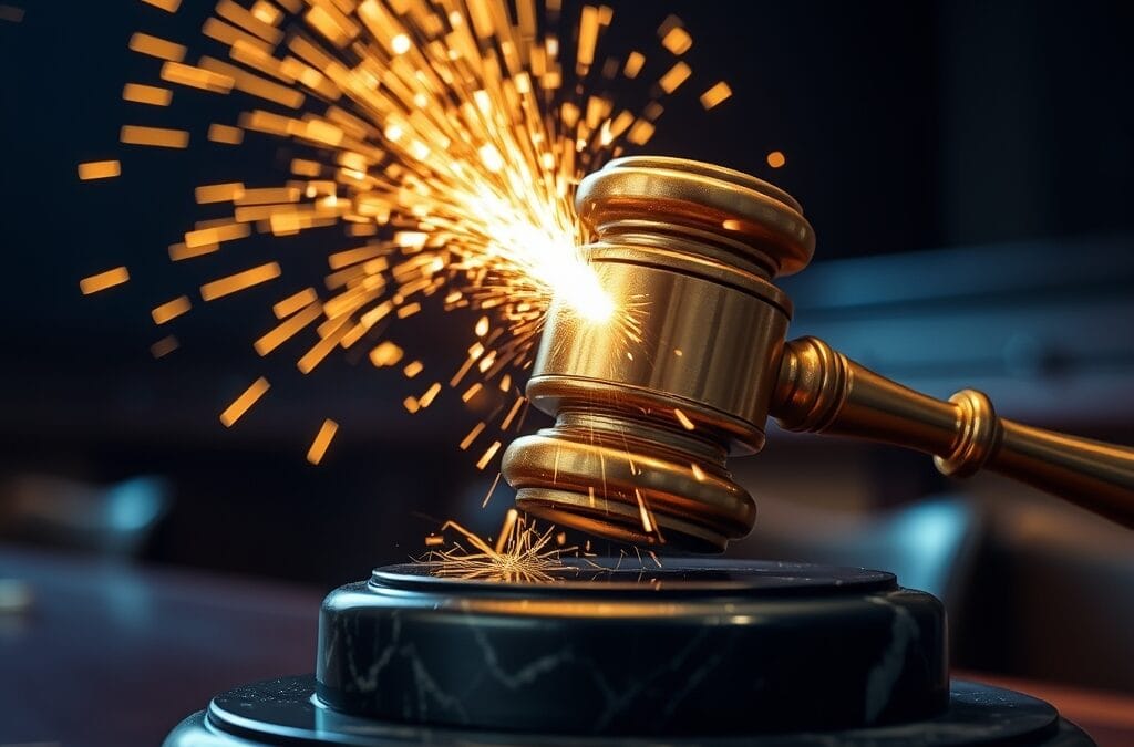 Marteau de juge en laiton frappant un bloc de marbre avec étincelles dorées