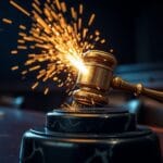 Marteau de juge en laiton frappant un bloc de marbre avec étincelles dorées