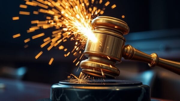 Marteau de juge en laiton frappant un bloc de marbre avec étincelles dorées