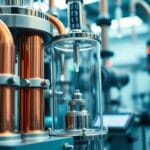 Appareillage de laboratoire avec bobines de cuivre et chambre à vide en verre en gros plan