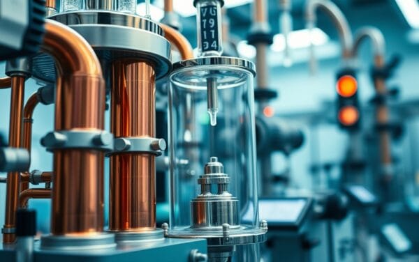 Appareillage de laboratoire avec bobines de cuivre et chambre à vide en verre en gros plan