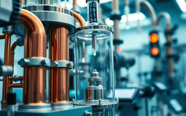 Appareillage de laboratoire avec bobines de cuivre et chambre à vide en verre en gros plan