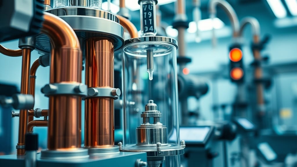 Appareillage de laboratoire avec bobines de cuivre et chambre à vide en verre en gros plan