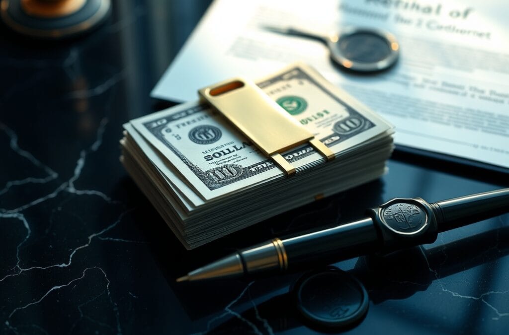 Liasse de billets avec pince en laiton sur marbre sombre et document notarié