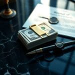 Liasse de billets avec pince en laiton sur marbre sombre et document notarié