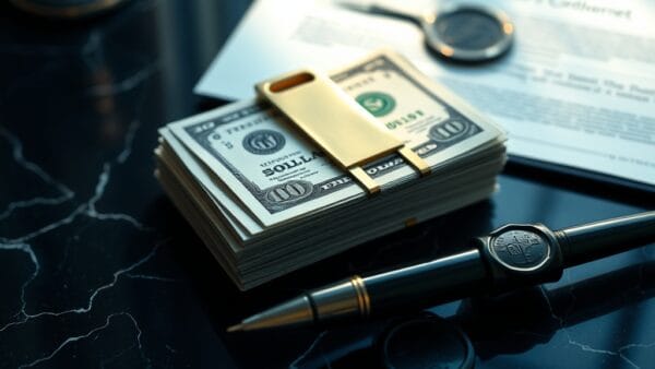 Liasse de billets avec pince en laiton sur marbre sombre et document notarié