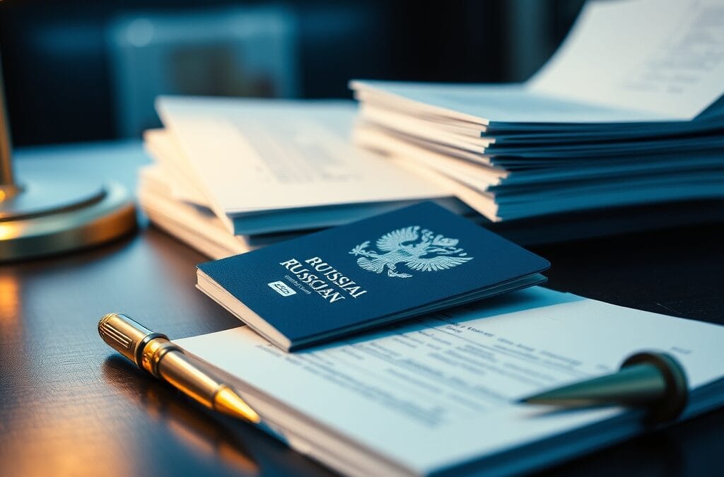 Passeport russe posé sur un bureau à côté de documents officiels