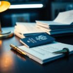 Passeport russe posé sur un bureau à côté de documents officiels