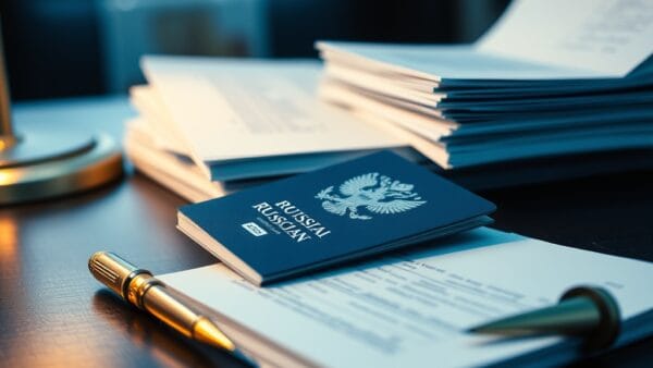 Passeport russe posé sur un bureau à côté de documents officiels