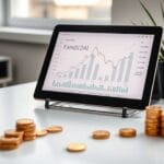 Bureau minimaliste avec tablette financière et pièces dorées