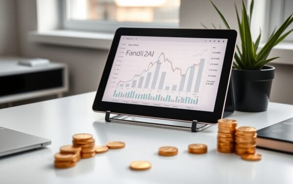 Bureau minimaliste avec tablette financière et pièces dorées