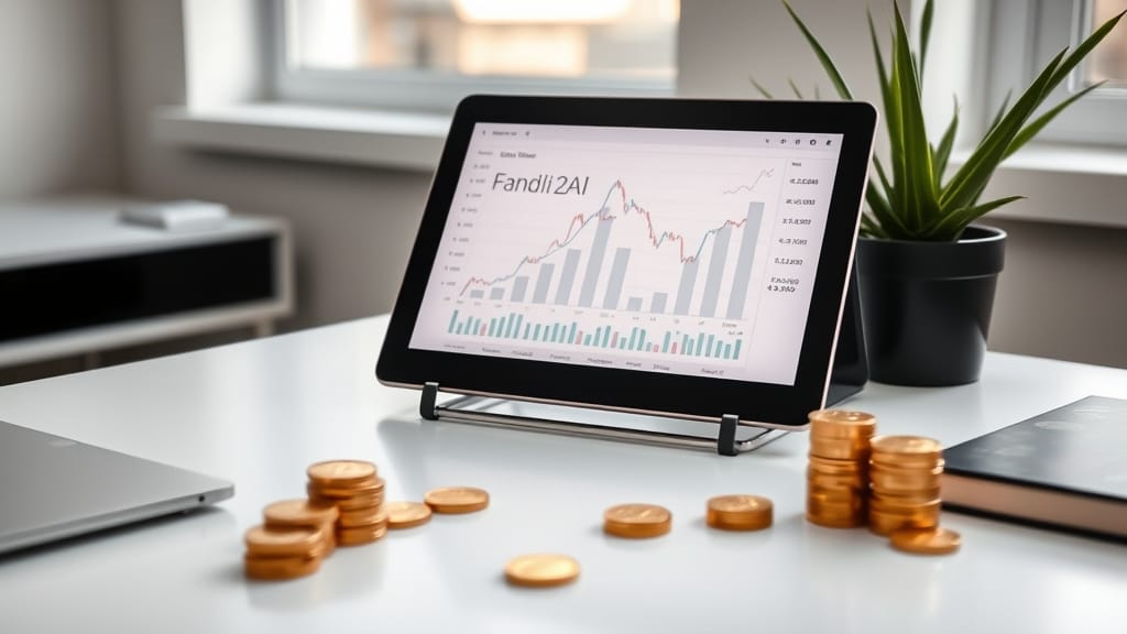Bureau minimaliste avec tablette financière et pièces dorées