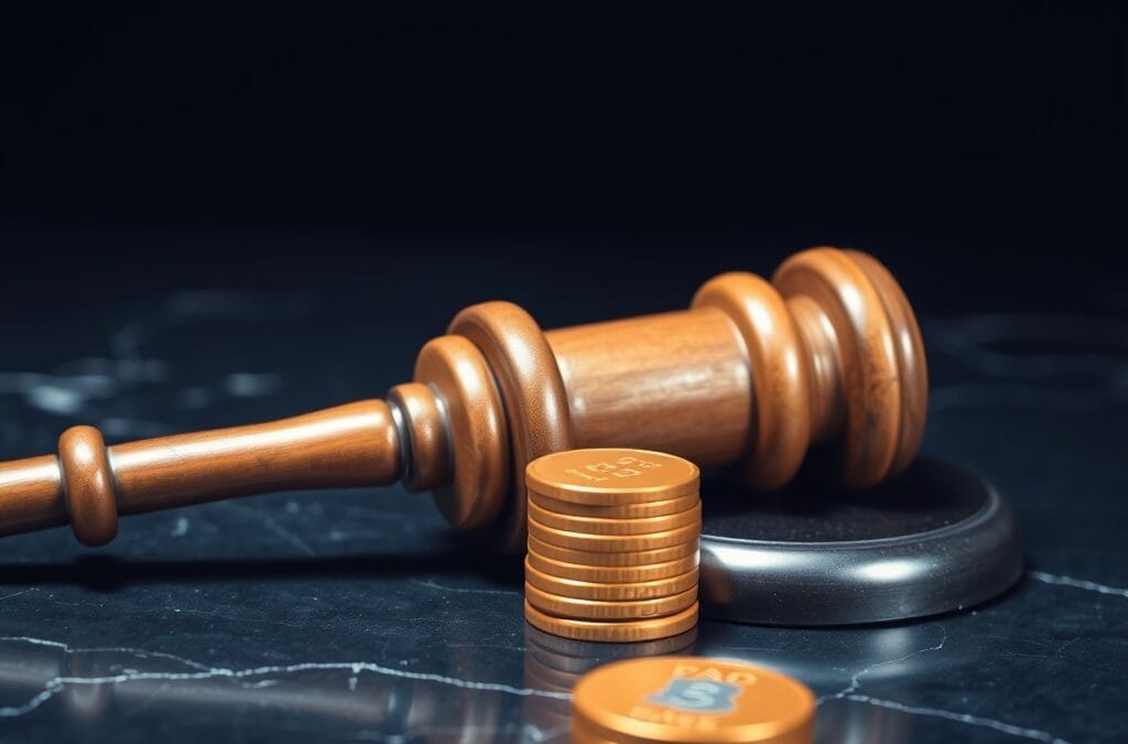 Marteau en bois posé à côté d un empilement de pièces dorées sur un bureau sombre