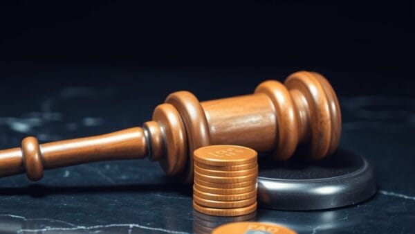 Marteau en bois posé à côté d un empilement de pièces dorées sur un bureau sombre