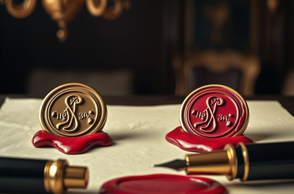 Deux sceaux officiels en laiton dans la cire rouge sur parchemin avec stylo-plume