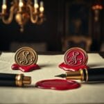 Deux sceaux officiels en laiton dans la cire rouge sur parchemin avec stylo-plume